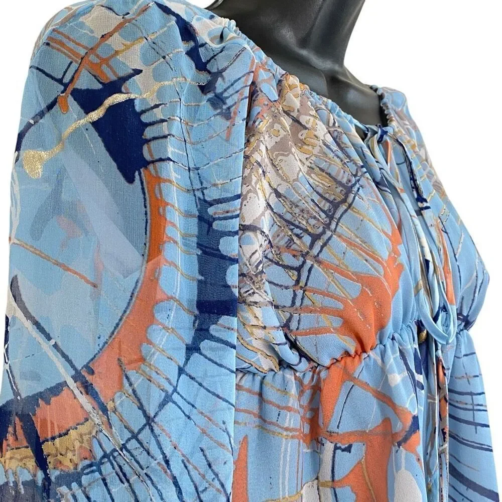 Vintage La Rox Blue Silk Metallic Long Sleeve Babydoll Evening Mini Dress Size L